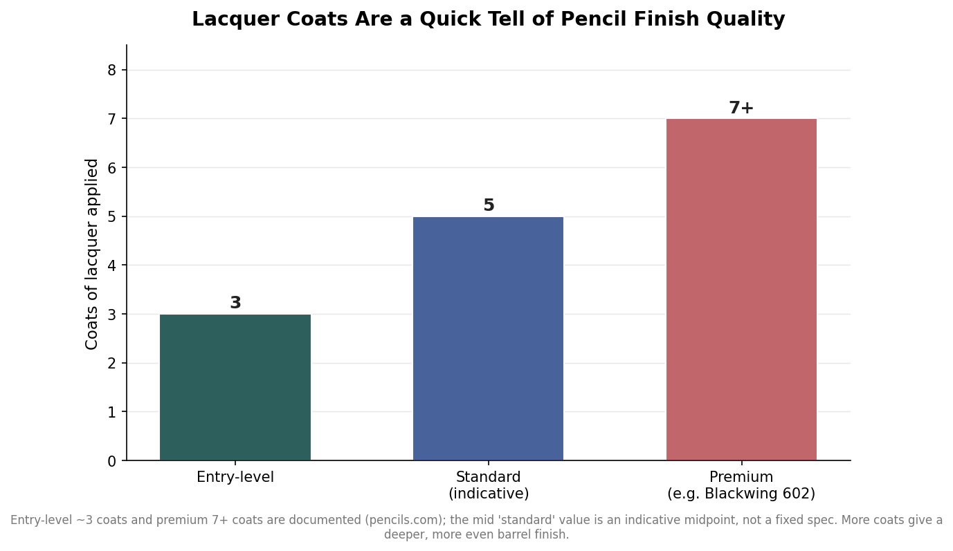 Bar chart of lacquer coats by pencil tier: entry-level about 3 coats, standard about 5, premium 7 or more